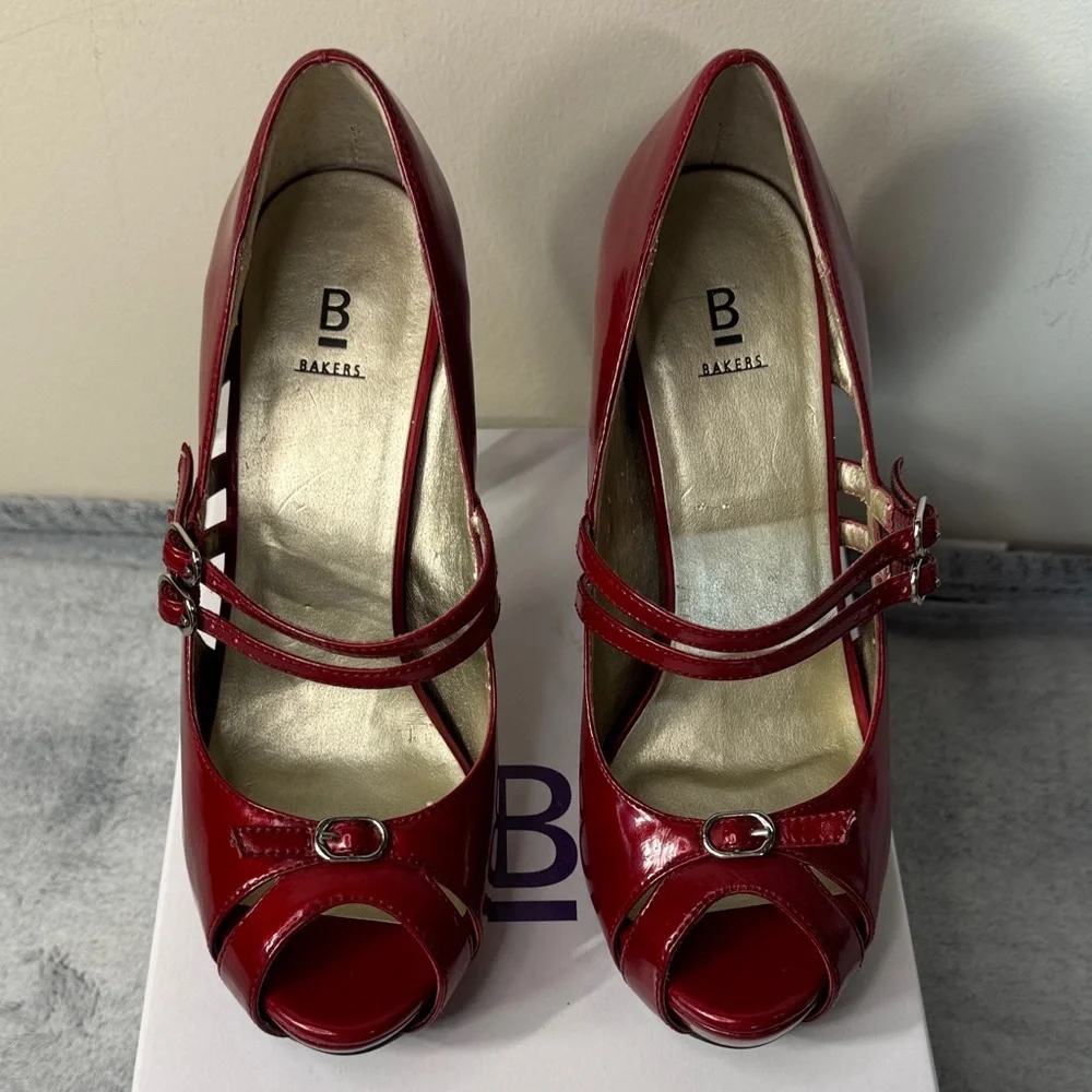 Bakers “Kristine” Red Patent Leather Peep Toe Stiletto Heels - Size 7